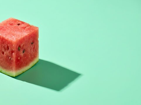 Minimalist composition of a fresh red watermelon cube on a pastel mint green background with a sharp shadow