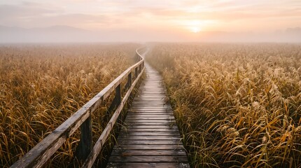 Fototapeta premium Misty Boardwalk Through Golden Reeds Field at Sunrise
