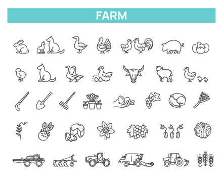 Agricultural and farming machines vector icons set