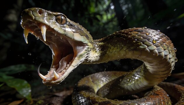 Aggressive Viper Snake Striking with Fangs Bared in Darkness