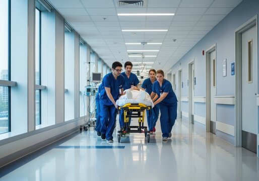 Medical team pushing a patient on a stretcher in hospital