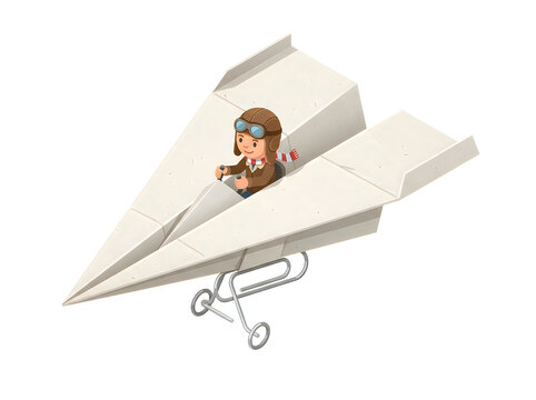 Cartoon pilot flying paper airplane in the sky