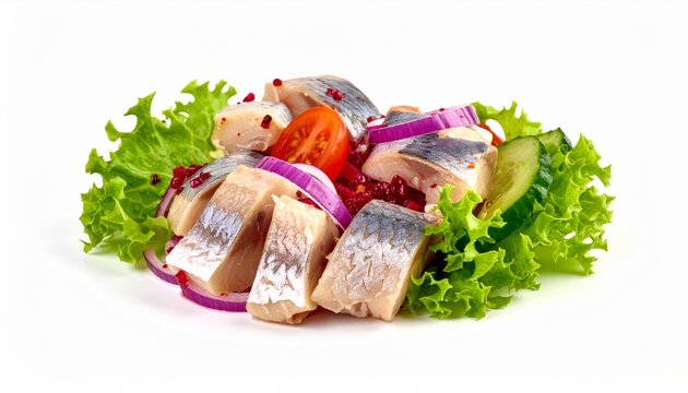 nordic style pickled herring fish salad with red onion