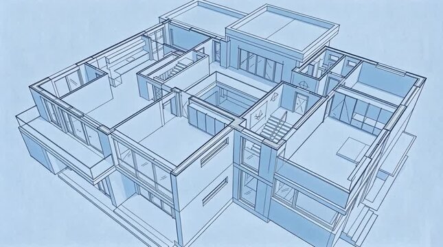 Isometric architectural line drawing of a modern house layout. Blue sketch style blueprint showing rooms, stairs, and structure.