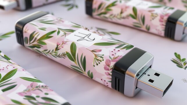Decorative Usb Flash Drive with Pink Floral Pattern and Green Leaves on White Background