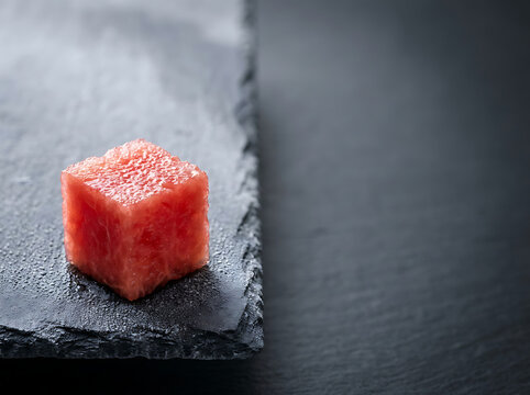 Single juicy red watermelon cube on a dark slate stone surface, minimalist food photography of fresh organic fruit snacks and summer treat