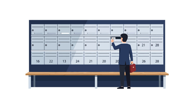Businessman Checking Mailbox at Post Office Wall, Professional Male with Briefcase Opening Locker, Mail Delivery and Communication Concept Illustration