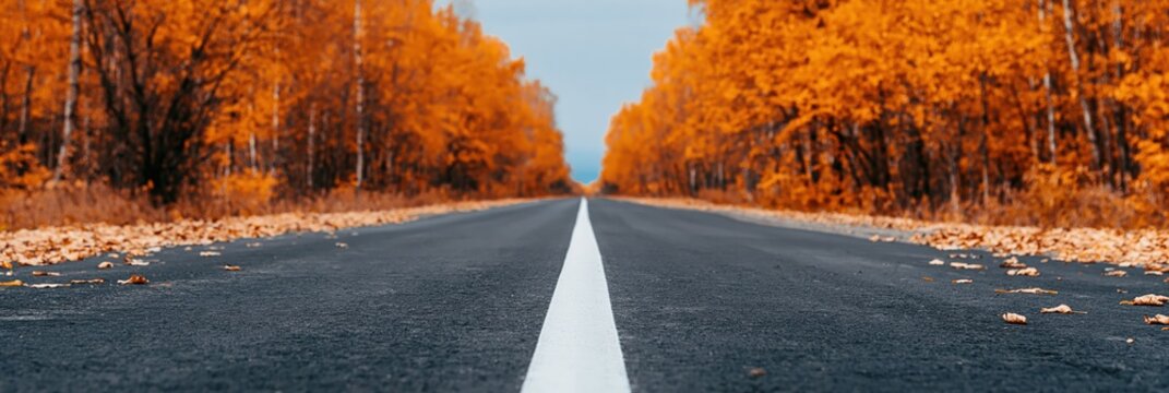 Road through a scenic autumn forest with asphalt surface and vibrant fall trees