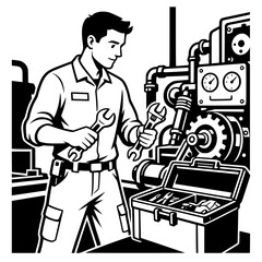 Fototapeta premium Black and white vector illustration of a male mechanical engineer repairing factory machinery with wrenches, gauges, and toolboxes