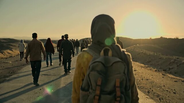 Young Middle Eastern woman with backpack walking on desert road at sunset, handheld follow shot