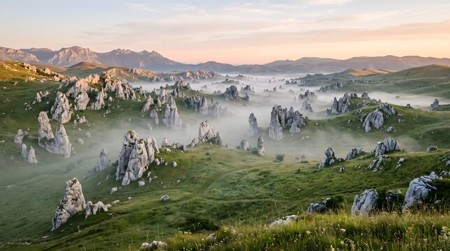 Misty Karst Landscape at Dawn with Unique Rock Formations