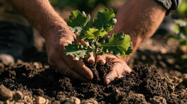 Close up of hands planting a young oak sapling into rich dark soil during a reforestation project, shown in a clean modern composition with room for text