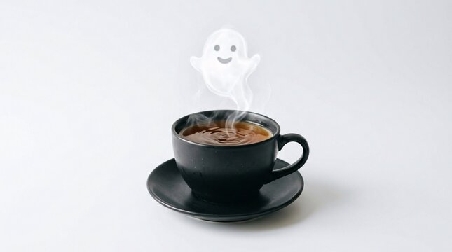 A black ceramic cup sits on a matching saucer with steam rising above it in the distinct and playful shape of a smiling white ghost against a plain white background