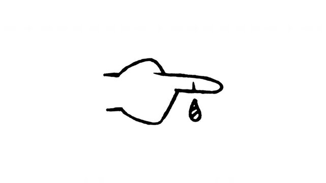 Animated 4K bleeding finger cut doodle icon. Hand drawn line art on black and green screen chroma key background for first aid treatment, wound care, finger injury, and blood drop edits.