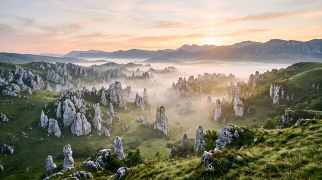 Majestic Limestone Pinnacles in Misty Valley at Golden Hour