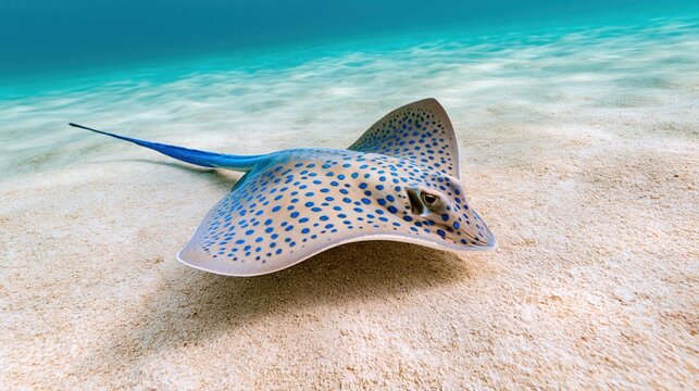 Blue spotted stingray swimming on sandy ocean floor