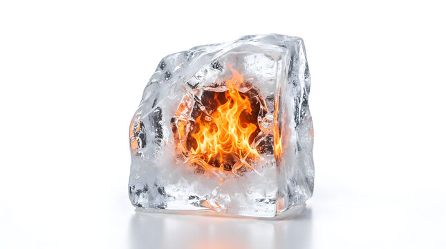 AI-generated ice with glowing orange fire trapped inside, isolated on pure white background, elemental contrast concept, modern minimalist art, 4K