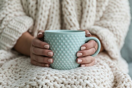 Cozy woman holding a warm mug with groomed nails wrapped in a soft winter blanket