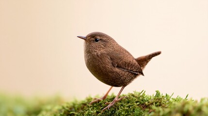 Obraz premium Brown Wren bird Standing on Green Mossy Rock
