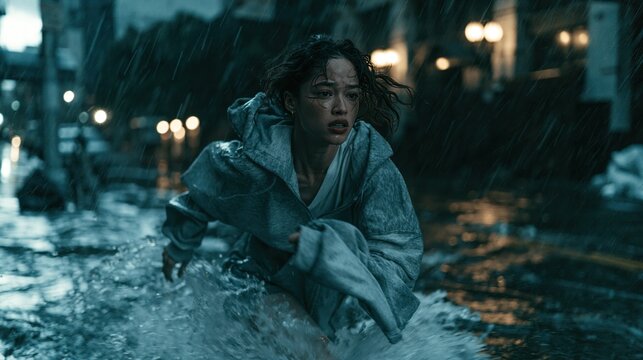 Young woman struggles through flooded city street during heavy rain