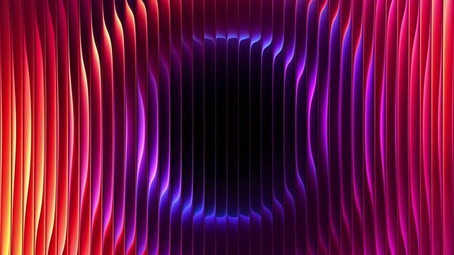 Glowing slowly rotating circles refracted through ribbed glass. Luminous rotating rings distorted by textured glass. Vibrant illuminated circular forms spinning behind vertical lines. Seamless loop 4K