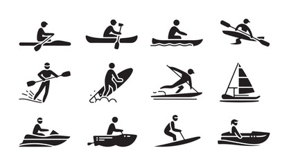 Obraz premium Aquatic recreation silhouettes including jet skis kayaks and surfing human figures icons.