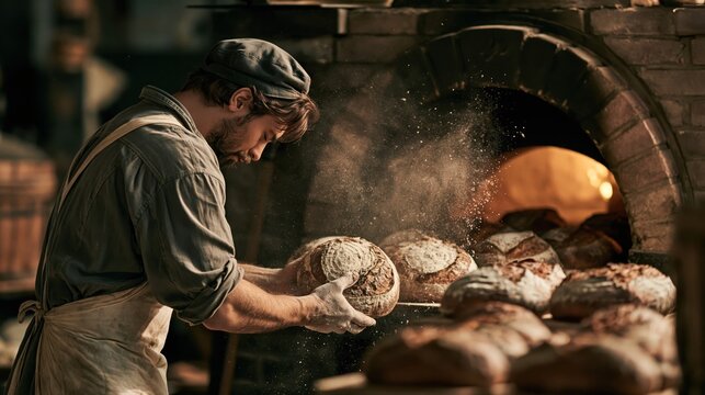 Craft baker pulling fresh sourdough loaves from a brick wood fired oven with a long wooden peel, captured with soft natural light and generous copy space