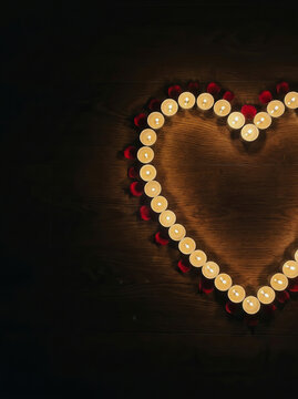 Heart shaped arrangement of glowing candles and red rose petals on dark wooden surface for romantic ambiance or celebration