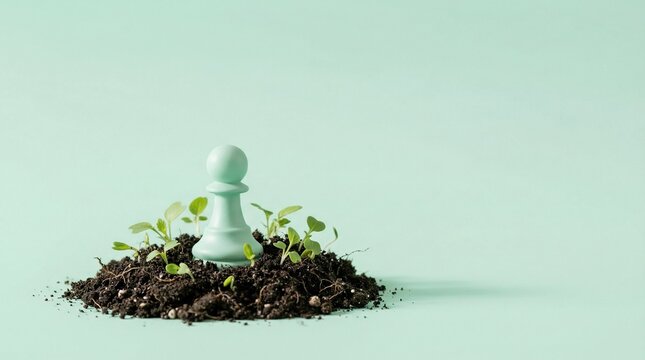 Minimalist Concept of Growth and Strategy with a Green Chess Pawn in Soil with Small Sprouts