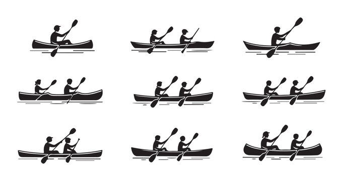 Kayak and canoe paddling set, people in boats with paddles vector silhouettes.