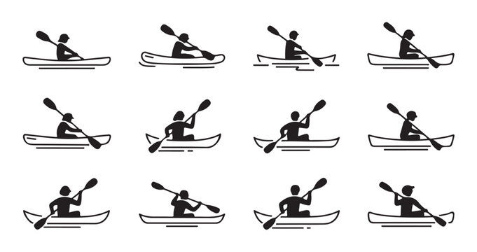 Kayak and canoe paddling sport vector silhouettes, people in boats on water.