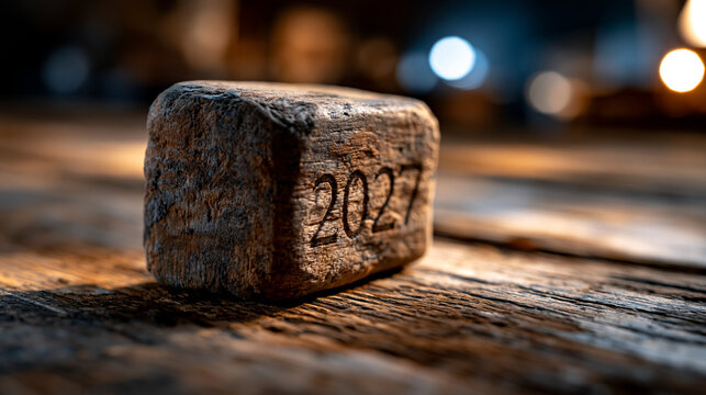 Wooden block carved with year 2027 resting on rustic aged timber surface, weathered