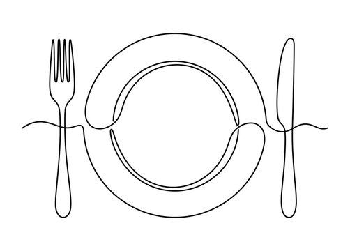 Continuous One Line Drawing of Plate, Fork and Knife Vector