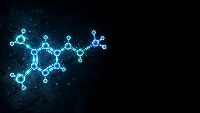 Abstract glowing blue depiction of the dopamine molecule, a key neurotransmitter vital for brain chemistry, reward pathways, pleasure, and the science of human well-being