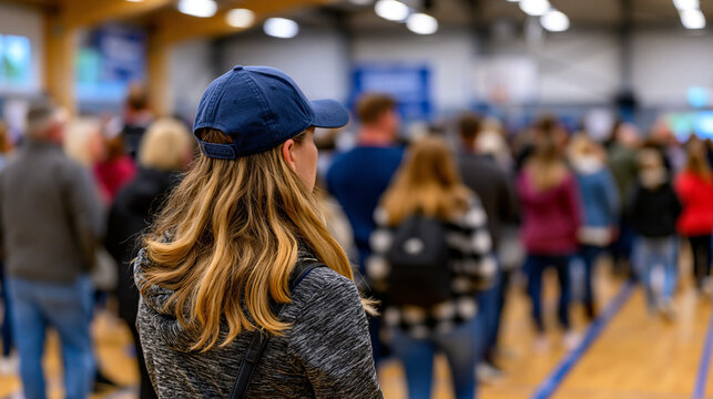 Woman wearing a baseball cap standing in a long queue inside a large hall