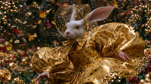 Whimsical Rabbit in Golden Dress Surrounded by Flowers