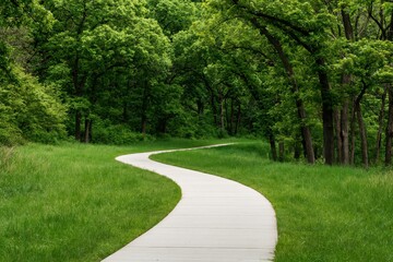 Obraz premium Path and winding concrete pathway through a green park landscape with a forest trail