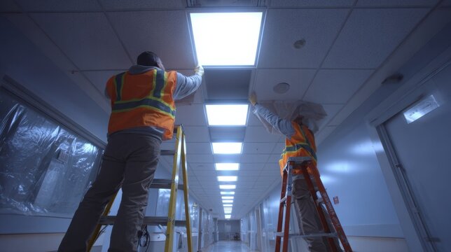 Midshot of technicians replacing outdated fixtures with sleek LED panels in an aging clinical building emphasizing bright lighting against a blurred ceiling.