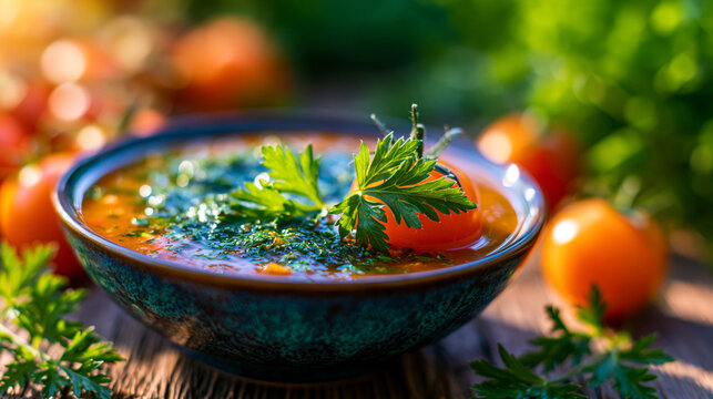 Bowl of fresh tomato soup with green herbs on wooden board with ripe tomatoes