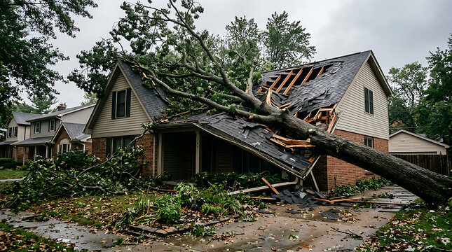 Damaged house with fallen tree after storm.