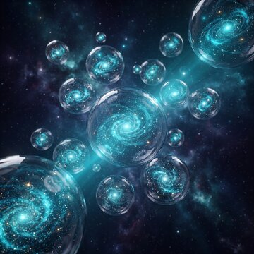 Floating transparent quantum bubbles containing glowing galaxies in the universe 