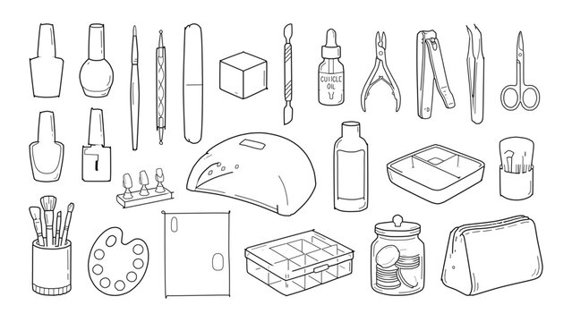 Manicure and nail care hand drawn doodle set with nail polish cuticle tools scissors brushes and beauty accessories