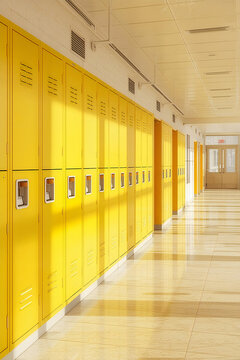 Empty school hallway with rows of bright yellow lockers
