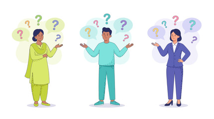 Fototapeta premium Diverse professionals gesturing with colorful question marks.