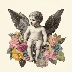 Naklejka premium Paper collage of cherub flowers colorful vintage.