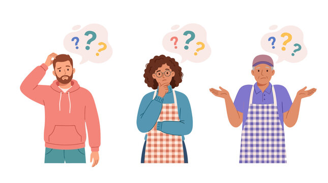 Mature workers looking confused with question marks