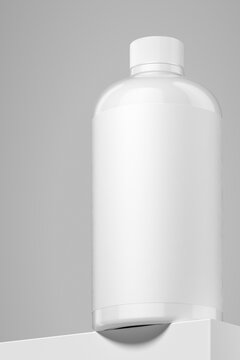 White 500 ml cosmetic bottle with a blank label displayed on a gray podium. 3D rendering.