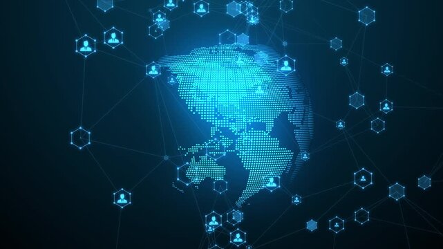 Glowing blue digital earth globe rotating seamlessly with business user profile connection network plexus background. Ideal for global communication, social media and data transfer concept