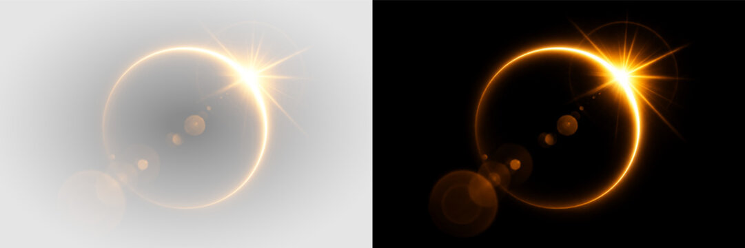 Golden circular lens flare light ring png overlay with radiant sparkle, on transparent background