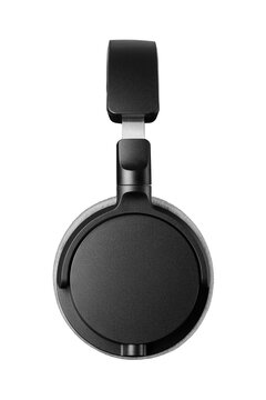 Black closed back headphones with grey earcups isolated. Side view. Transparent PNG image.